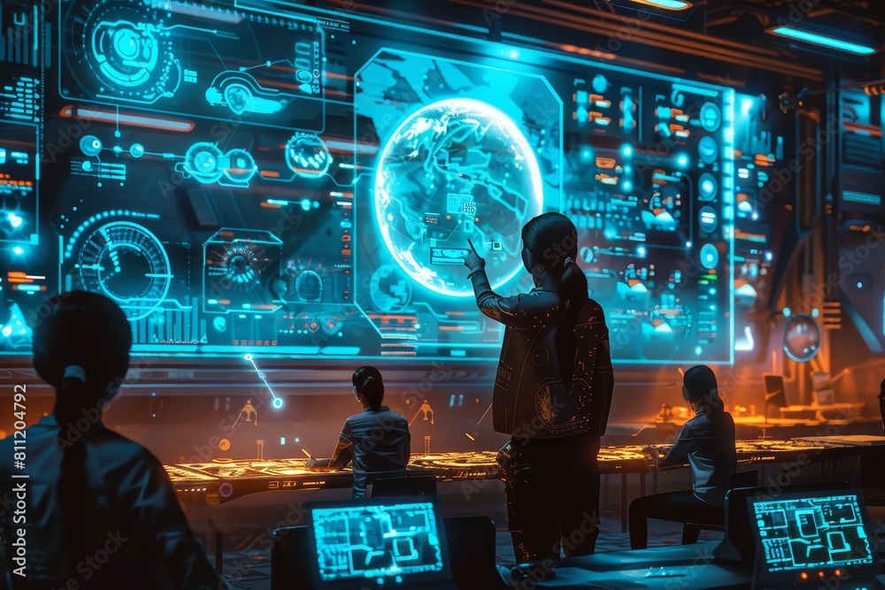 Group of People Standing in Front of Laptops, A futuristic classroom scene with holographic displays and interactive learning tools Group of People Standing in Front of Laptops, A futuristic classroom scene with holographic displays and interactive learning tools