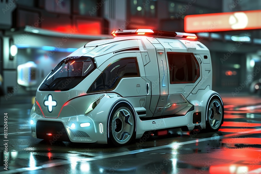 A futuristic car with sleek design and neon lights drives down a city street at night, A futuristic concept design for an ambulance A futuristic car with sleek design and neon lights drives down a city street at night, A futuristic concept design for an ambulance