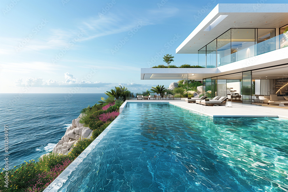 Fototapeta premium Oceanfront Modern Villa with Infinity Pool and Panoramic Sea View