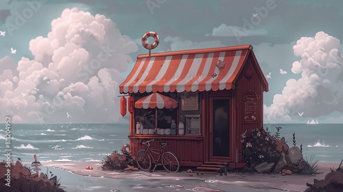 A colorful 3D handmadestyle beach cruiser parked next to a charming concession stand, capturing the essence of a beach getaway photo