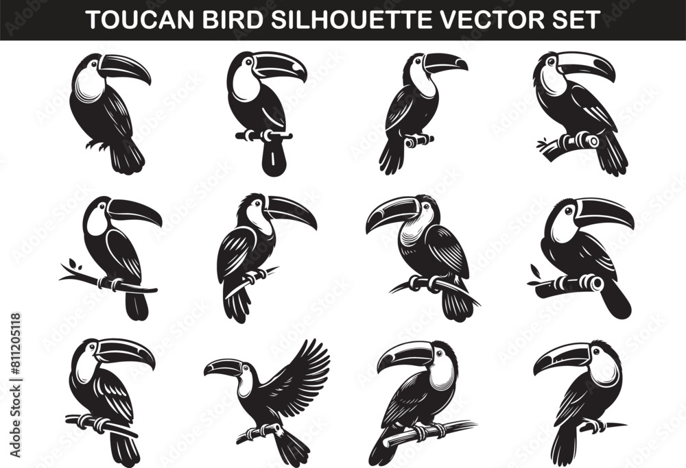 Toucan Bird Silhouette Vector Illustration set Toucan Bird Silhouette Vector Illustration set