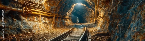 A glimpse into the depths of a gold mines underground corridor, with rails leading to the heart of the mines wealth  8K , high-resolution, ultra HD,up32K HD photo