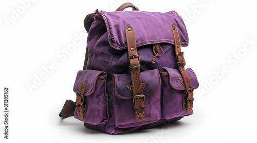 A stylish purple and brown leather backpack, perfect for travel or everyday use, sits isolated on a white background