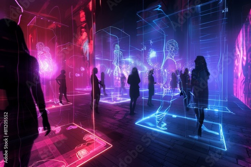 People standing together under neon lights in a room, A futuristic depiction of a virtual party where guests interact through holographic visuals
