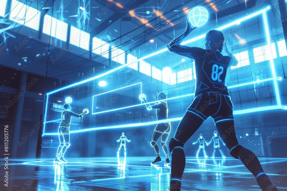 A man in a blue uniform energetically playing a game of basketball on the court, A futuristic depiction of volleyball players wearing high-tech gear on a holographic court