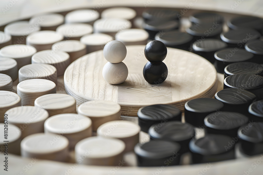 Detailed view of a Go game board with black and white stones strategically placed Detailed view of a Go game board with black and white stones strategically placed