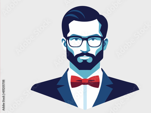 Hipster man with beard and bow tie. Vector illustration.