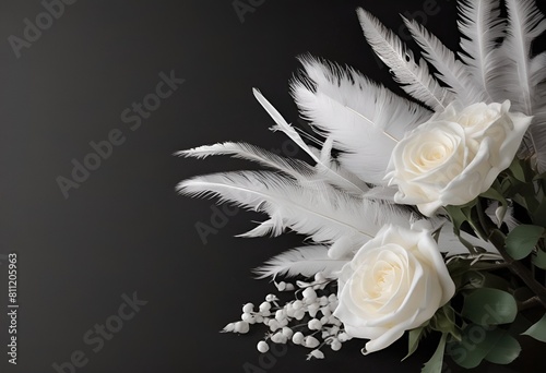white feathers and white roses on black background for obituary notice, funeral announcement, necrology photo