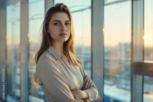 Free Download Stylish young Caucasian woman in a chic office with panoramic windows and soft lighting - GFXLoad