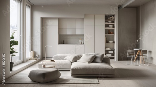 A minimalist studio apartment with multifunctional furniture  clever storage solutions  and a neutral color palette for space optimization.