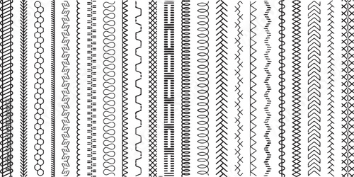 Sew stitch. Colorful seamless pattern brush embroidery thread seam, fabric sewing machine stitches line border, textile seam. Needlework