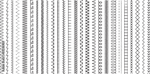 Sew stitch. Colorful seamless pattern brush embroidery thread seam, fabric sewing machine stitches line border, textile seam. Needlework