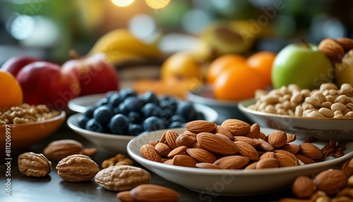 A table filled with various bowls containing different types of food such as nuts, fruits like apples, oranges, blueberries, and bananas.