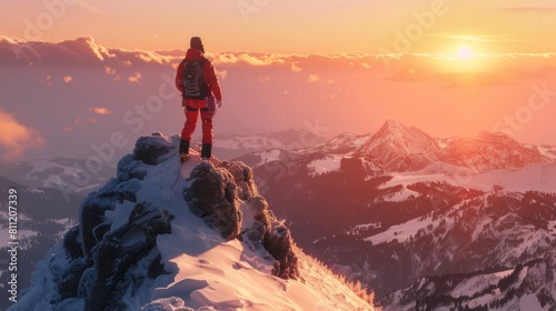 A Mountain Climber standing on top of a mountain looking at the horizon on a snowy landscape at sunset . Mountain Climber Conquering the Summit at Sunset hyper realistic  photo