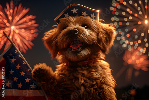Funny patriotic dog in hat with American flag and fireworks on background, 4 July Independence Day celebration.