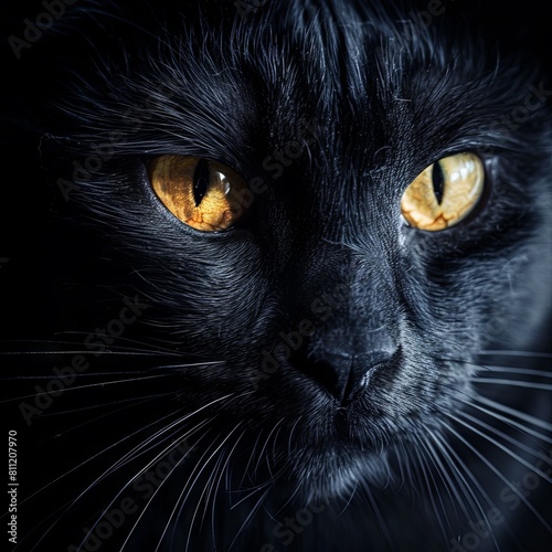 A black cat with yellow eyes is staring at the camera