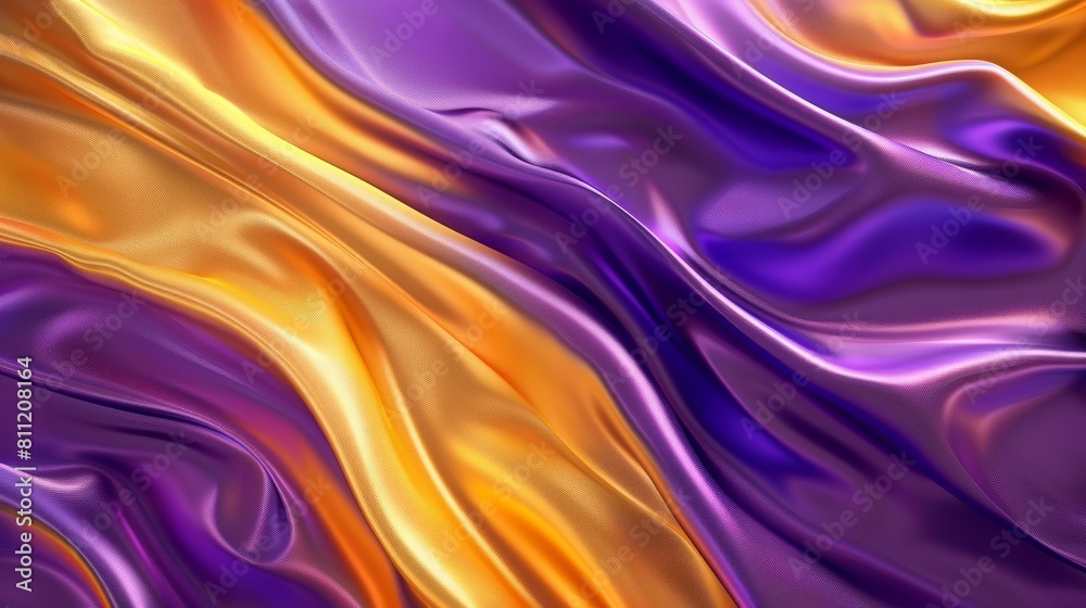Abstract Background with 3D Wave Bright Gold and Purple Gradient Silk Fabric hyper realistic 