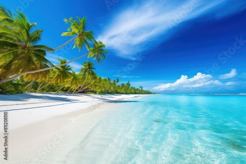A beautiful tropical beach  coconut palms by the sea with turquoise water  a paradise island  a seaside resort. Summer background.