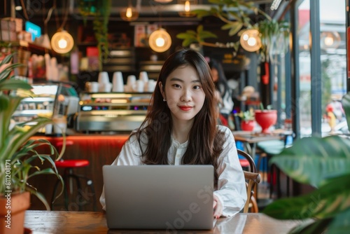 A woman is sitting at a table with a laptop in front of her