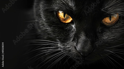 A black cat with yellow eyes is staring at the camera