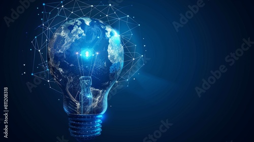 Abstract blue light bulb with planet earth inside. Earth hour ecology concept. Low poly style design with wireframe light connection structure. hyper realistic  photo