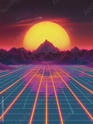 A vibrant 80s-inspired grid background features shimmering azure stripes at the top  mimicking the effect of a setting sun. Below  glowing amber grid lines reminiscent of mountain ranges create a