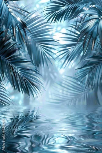 White background with palm leaves and water reflections  soft blue color scheme  light white and gray style  digital art techniques. Generative AI.