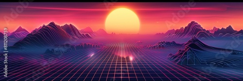 80s Style Grid Background Basks in Shimmering Violet Synthwave Sun photo