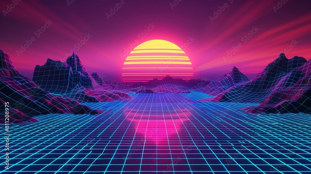 80s Style Grid Background Illuminated by a Deep Indigo Stripe Gradient Sun and Futuristic Neon Turquoise Grid Lines in a Synthwave Design