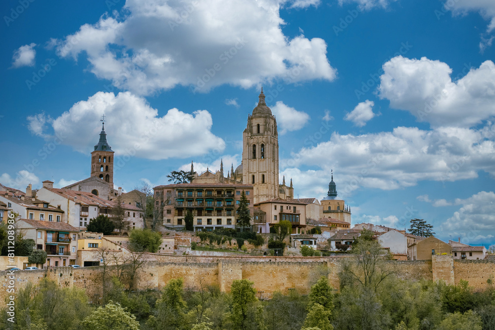 Segovia, España. April 28, 2022: Segovia Cathedral with blue sky. Segovia, España. April 28, 2022: Segovia Cathedral with blue sky.