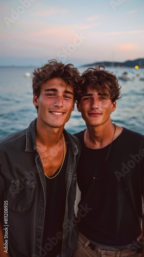 Two young men are smiling and posing for a picture on a beach. Scene is happy and relaxed, as the boys are enjoying their time together by the water