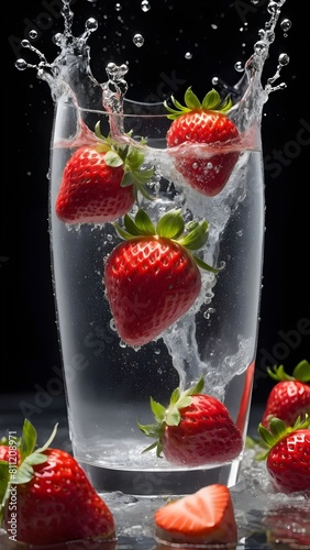  ripe strawberry drops into sparkling water, creating fizz, contrast, and refreshing appeal, capturing freshness and anticipation."