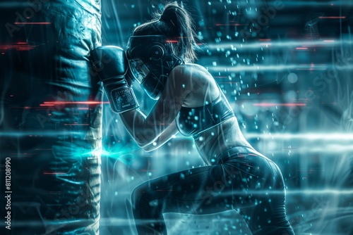 A woman in a boxing stance, wearing a punching glove, ready for training or a match, A futuristic portrait of a female boxer training with a punching bag