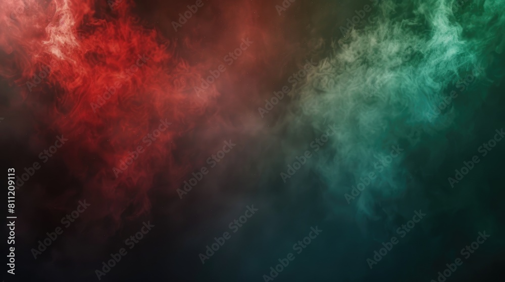 Red and green mist against a dark backdrop with room for text
