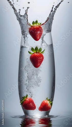  ripe strawberry drops into sparkling water, creating fizz, contrast, and refreshing appeal, capturing freshness and anticipation."