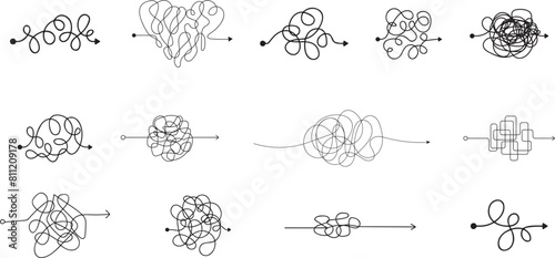 Messy scribble arrow lines. Chaotic doodle line ravel tangle, hand drawn confused messy knot