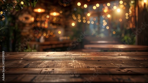 Empty rustic wood table in a restaurant  accompanied by a blurred soft light table 