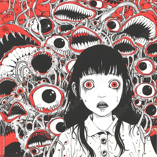 Girl Surrounded by TeethComposed Creatures in Hideshi Hino Style Manga photo