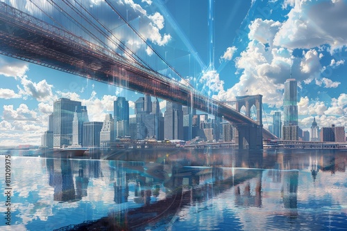 A massive bridge extends over a vast expanse of water, connecting two distant points, A futuristic rendition of the Brooklyn Bridge stretching across the East River