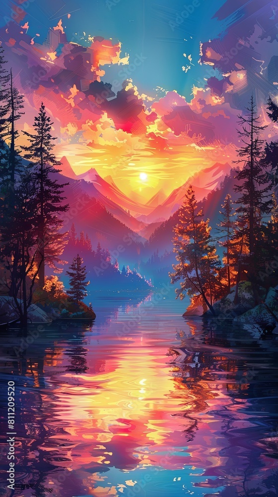 A beautiful painting of a mountain range with a sunset in the background A beautiful painting of a mountain range with a sunset in the background