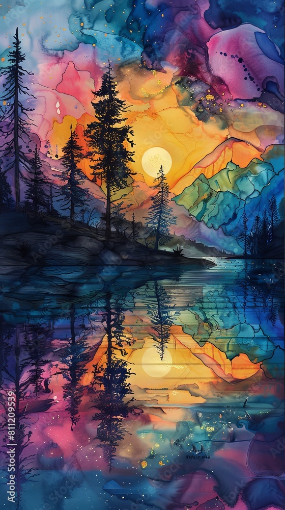 A painting of a forest with a lake and a sunset