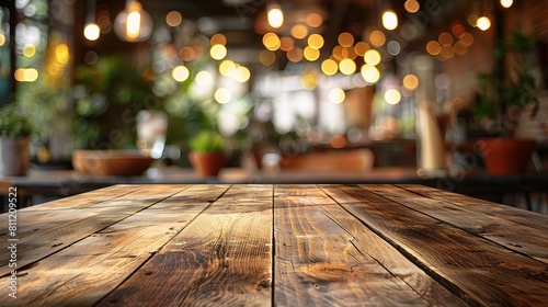 Empty rustic wood table in a restaurant  accompanied by a blurred soft light table 