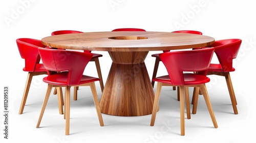 Designer wooden round table with red chairs
