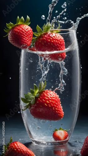 : ripe strawberry drops into sparkling water, creating fizz, contrast, and refreshing appeal, capturing freshness and anticipation."