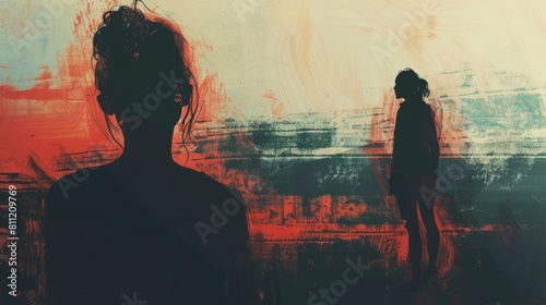 illustration of two women in silhouette in a grunge rusty scene. best to illustrate emotional distance between individuals or formerly great connections photo