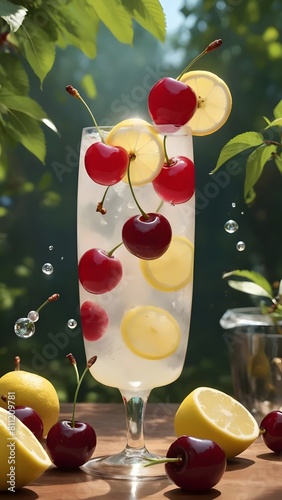 Vibrant scene depicts cherries and sparkling lemonade pouring into a chilled glass, exuding freshness and summery delight."