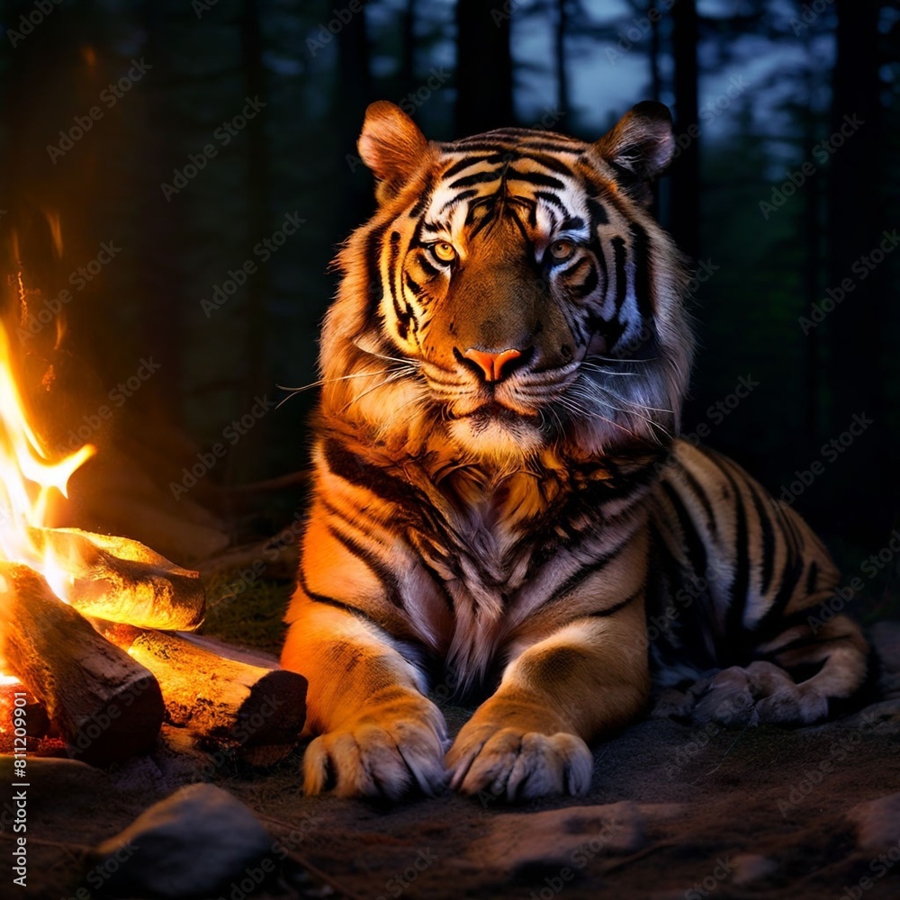 Delightful tiger Unwinding by Pit fire on Spring Night. pet agreeable camping areas.