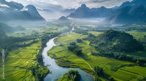 aerial landscape in phong nam valley an extreme scenery landscape at cao bang province vietnam with river nature green rice fields hyper realistic  photo