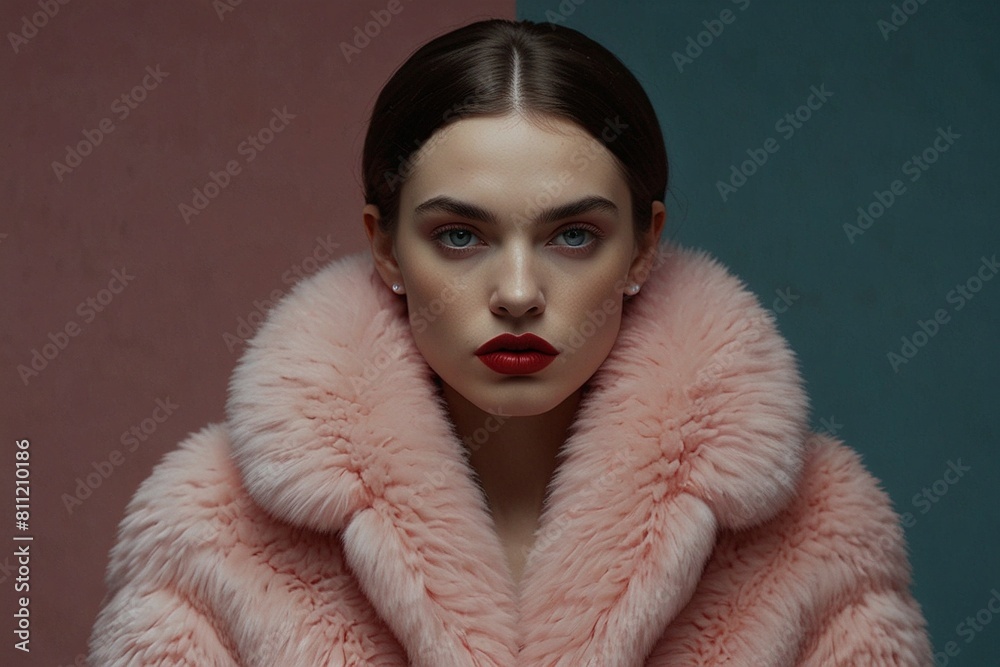 Fashionable Style: Elegant Woman in Pink-Red Winter Fur Jacket with Red Lips Fashionable Style: Elegant Woman in Pink-Red Winter Fur Jacket with Red Lips