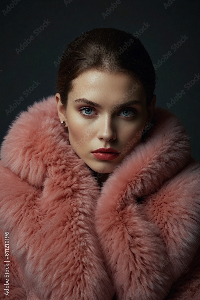 Fashionable Style: Elegant Woman in Pink-Red Winter Fur Jacket with Red Lips Fashionable Style: Elegant Woman in Pink-Red Winter Fur Jacket with Red Lips
